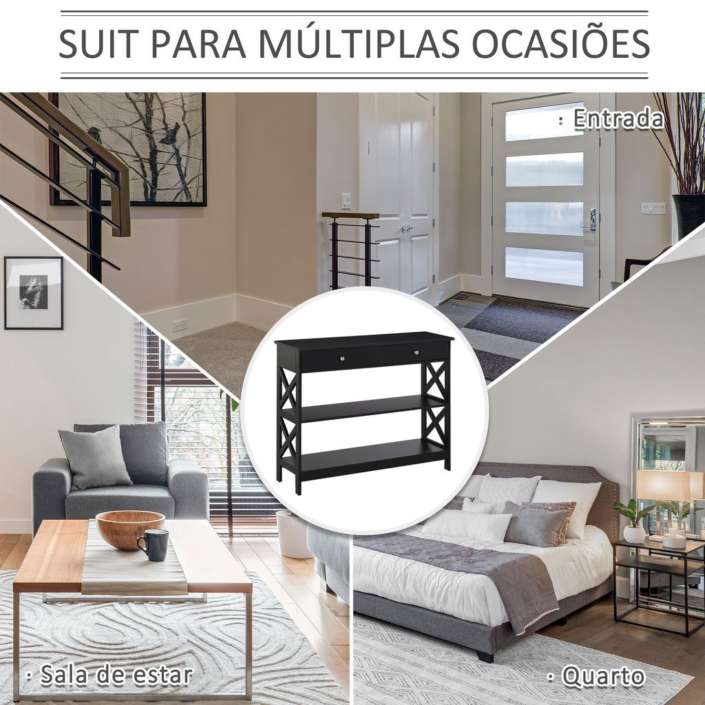 Consola de Entrada Mesa Hall com 2 Gavetas e 2 Prateleiras Inferiores Mobiliário Moderno Base Elevada Anti-Inclinação 100x30.5x80 cm Preto — foto 5