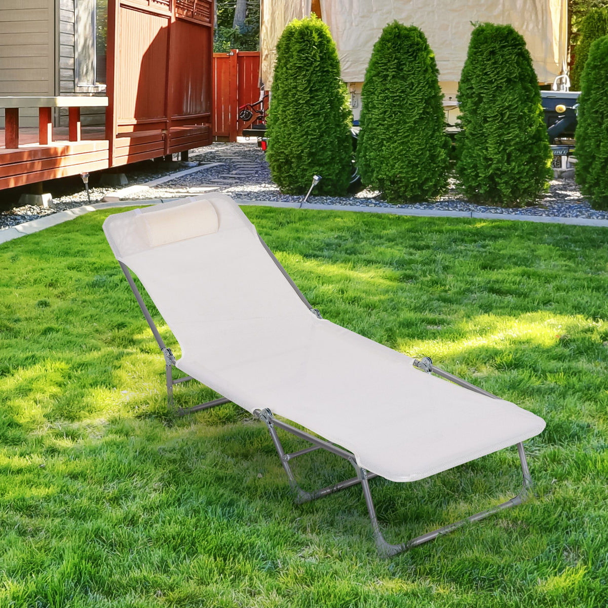 Espreguiçadeira dobrável e reclinável de jardim com apoio de cabeça e encosto ajustável em 5 níveis Tecido textilene respirável 182x56x24,5 cm branco creme — foto 2