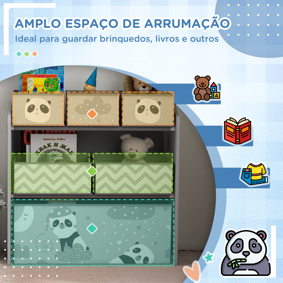 Estante para Brinquedos com 6 Caixas de Tecido não Tecido Amovíveis Organizador de Brinquedos para Crianças de 3-8 Anos para Dormitório 63x30x66 cm Ciza — foto 4