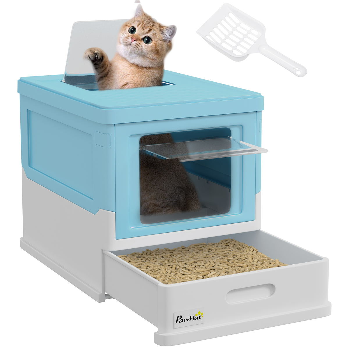 Caixa de Areia para Gatos Dobrável Caixa de Areia para Gatos Fechada com Cobertura Desmontável Bandeja Removível Teto Rebatível Porta de Entrada e Pá 47,5x35,5x36,7cm Azul — foto 1