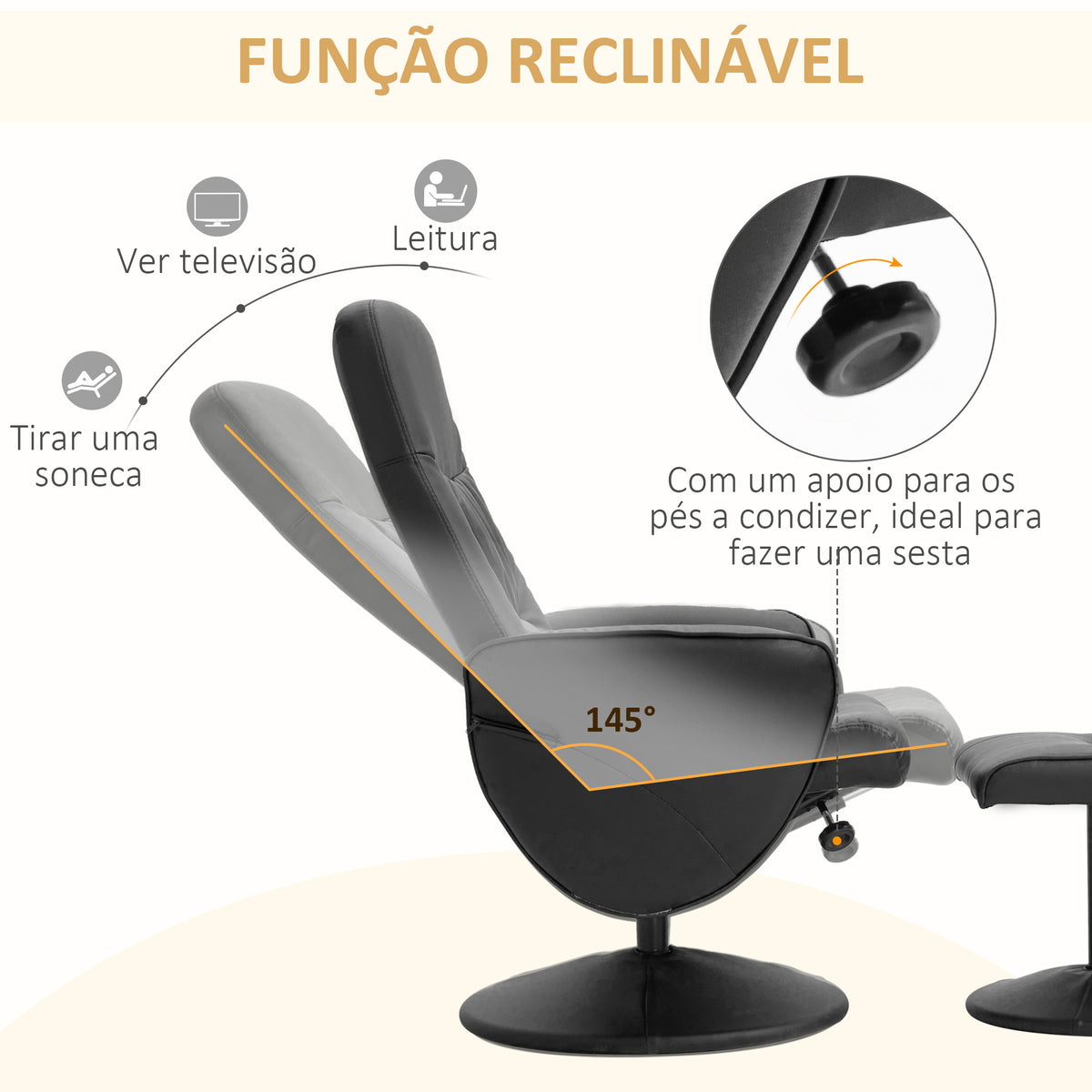 Poltrona Relax com Apoio para os Pés Estofada em PU Poltrona Relax Reclinável até 145° e Giratório 360° com Encosto Ajustável para Sala de Estar Dormitório Escritório 81x81x105cm Preto — foto 4