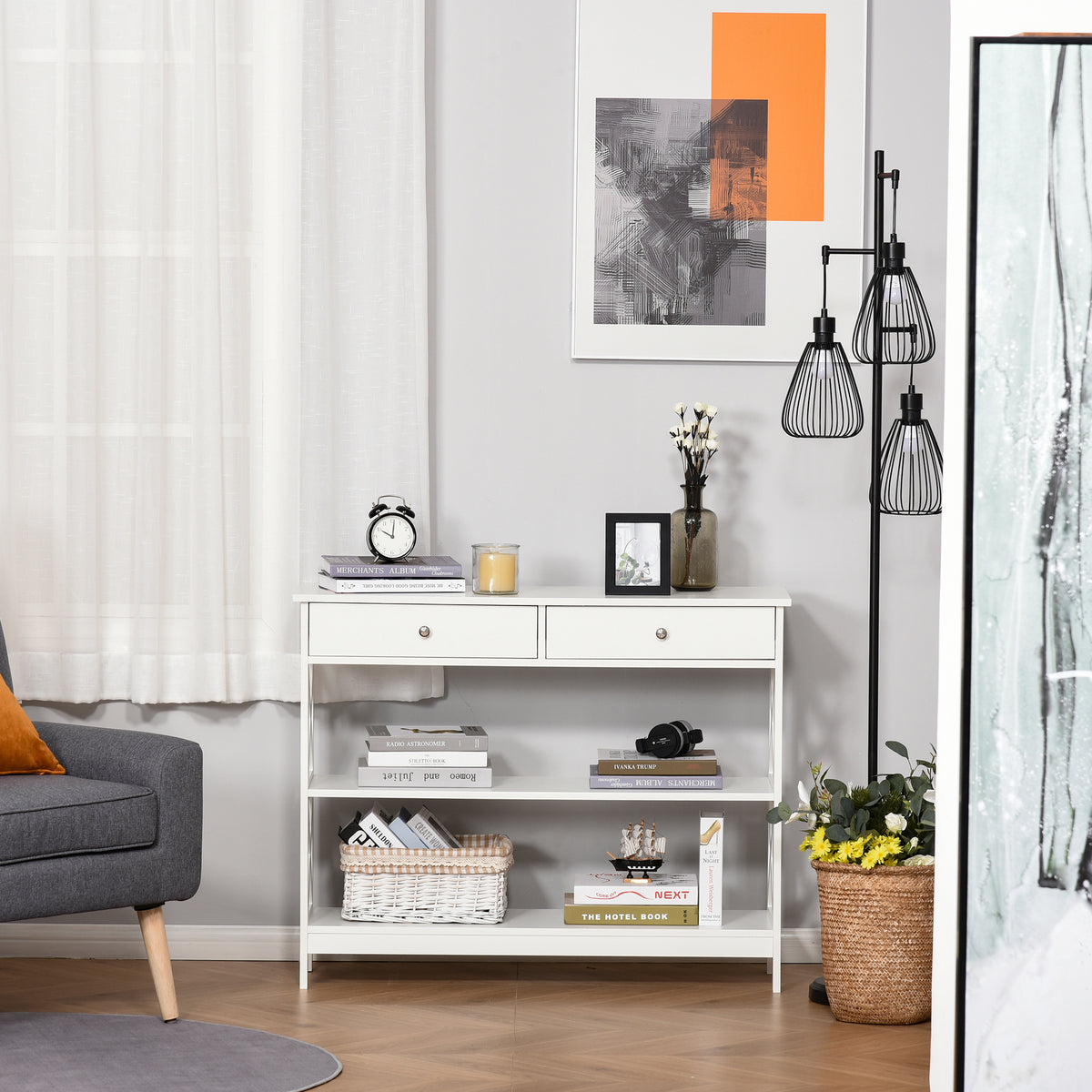 Mesa de console para Corredor com 2 gavetas e 2 prateleiras inferiores Móveis modernos Base elevada anti-inclinação 100x30.5x80 cm Branco — foto 6
