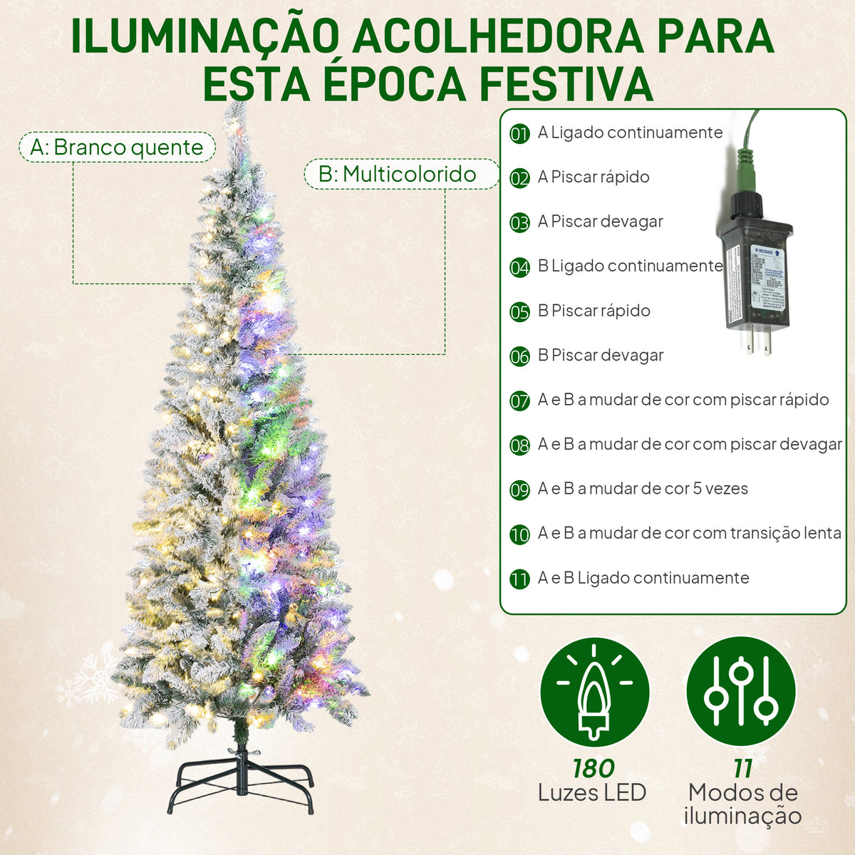 Árvore de Natal Estreita 180 cm Árvore de Natal Nevada com Luzes LED Bicolores 11 Modos de Iluminação 479 Ramos Suporte Metálico Montagem Fácil Verde — foto 5