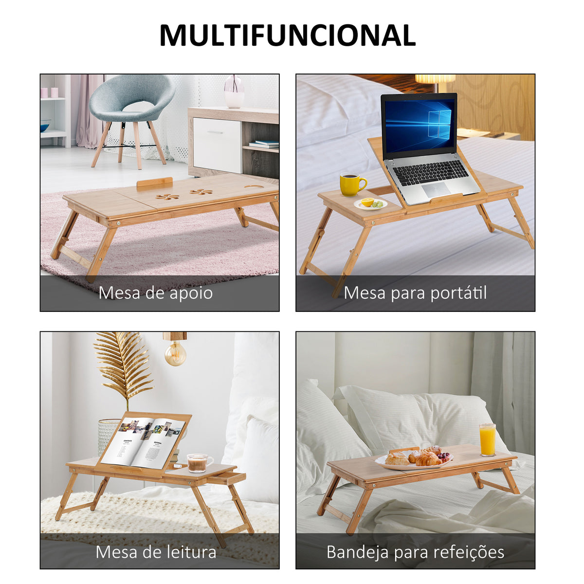 Mesa de Computador Portátil de Bambu Dobrável Reclinável e Altura Ajustável Mesa Auxiliar com1 Gaveta 72x35x22-30 cm Madeira — foto 4