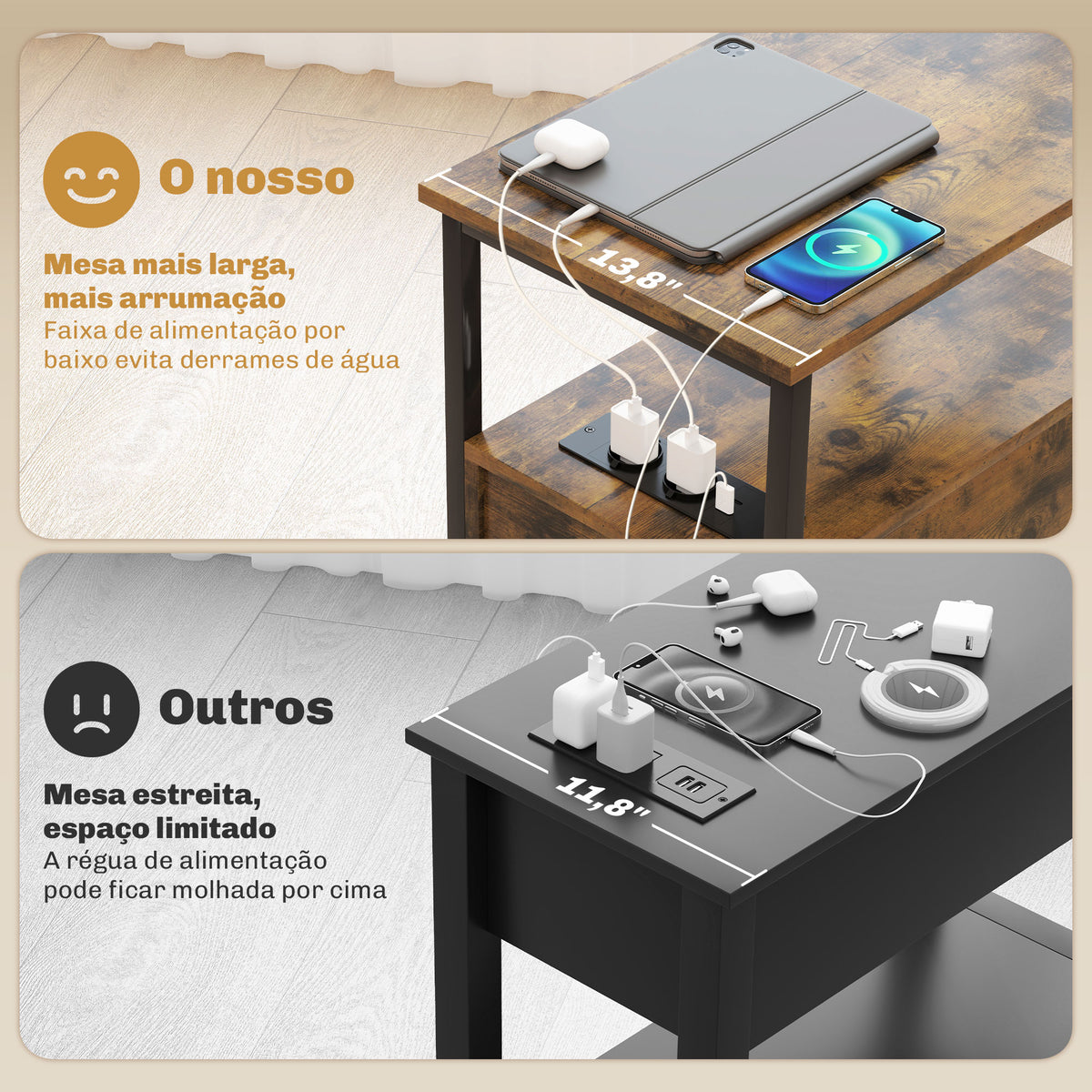Mesa Auxiliar com Estação de Carga Entrada USB e Tomada Elétrica Mesa de Cabeceira com 2 Gavetas e Prateleira Aberta para Sala de Estar Dormitório 55x35x58,5 cm Marrom Rústico — foto 8