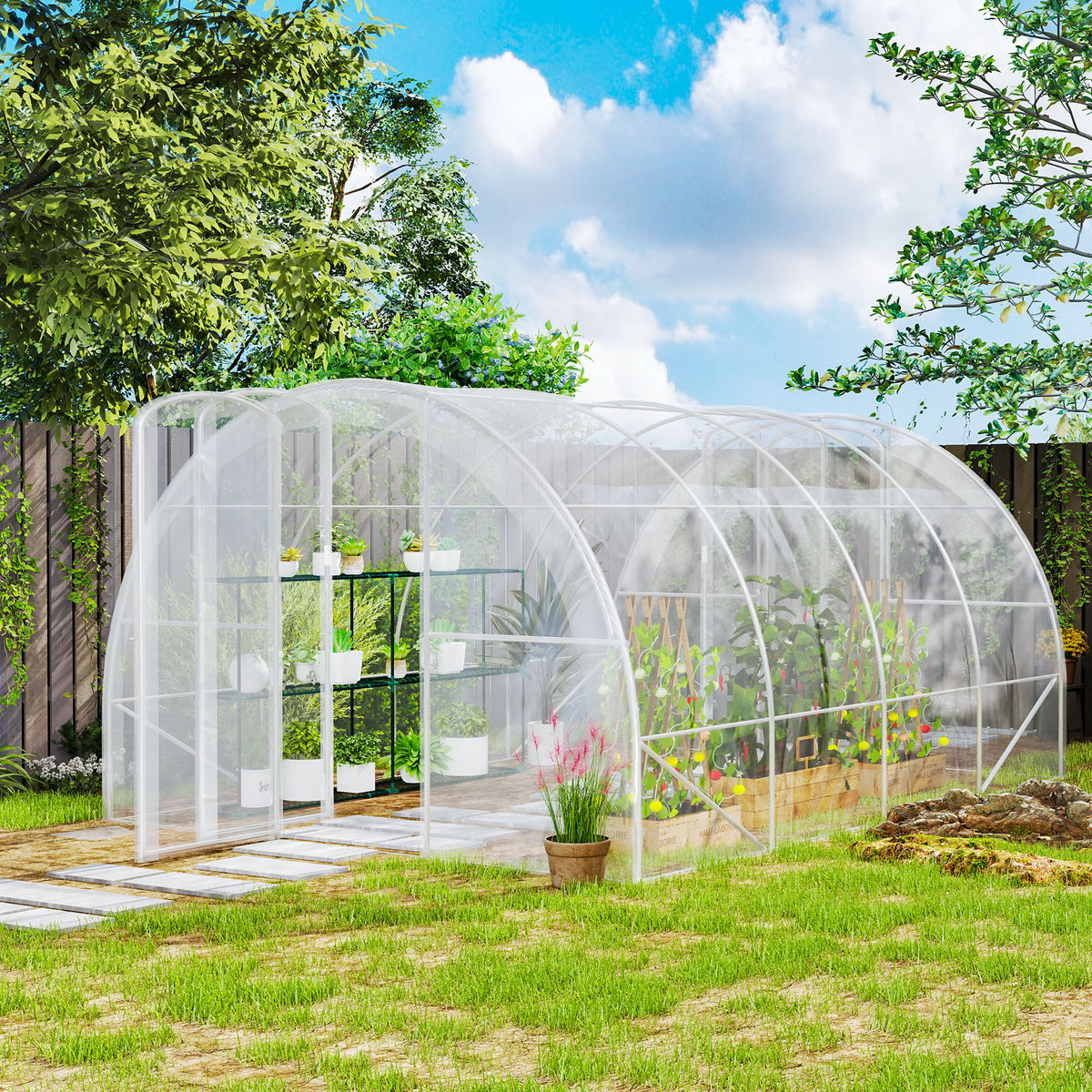 Estufa de Túnel 395x295x195 cm Estufa de Jardim com 2 Portas Estufa para Horticultura com Teto Arredondado para Cultivo de Plantas e Flores Transparente — foto 2