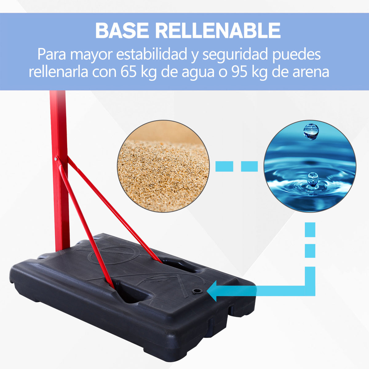 Cesta de basquete com altura ajustável de 210-260 cm com suporte de metal e base recarregável para crianças e adultos vermelho — foto 5