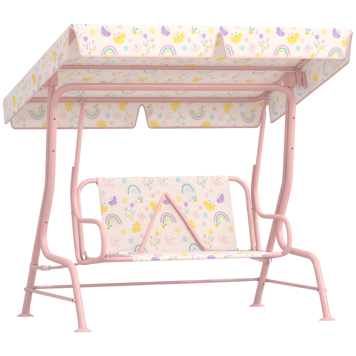 Baloiço de Jardim para Crianças acima de 3 Anos Baloiço Infantil de Exterior com 2 Lugares Toldo Ajustável Cinto de Segurança e Desenho de Borboletas 112x75x120 cm Rosa — foto 1