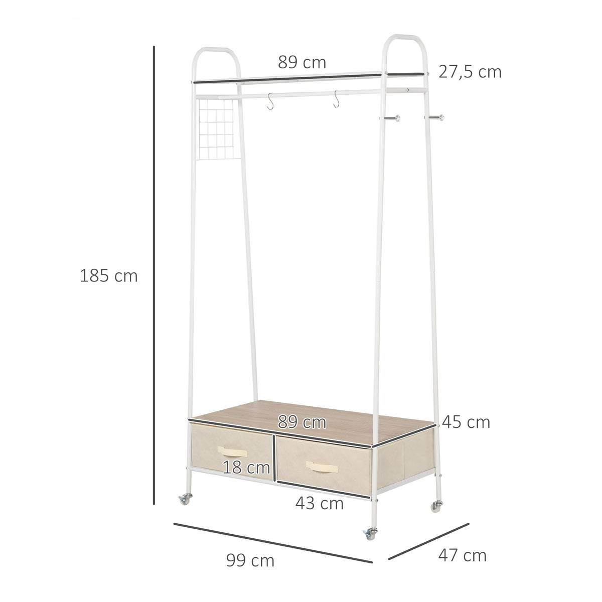 Suporte para Cabides de Metálico Cabideiro com Rodas Prateleira e 2 Gavetas para Organizar Roupas Bolsos Sapatos 99x47x185cm Branco — foto 3