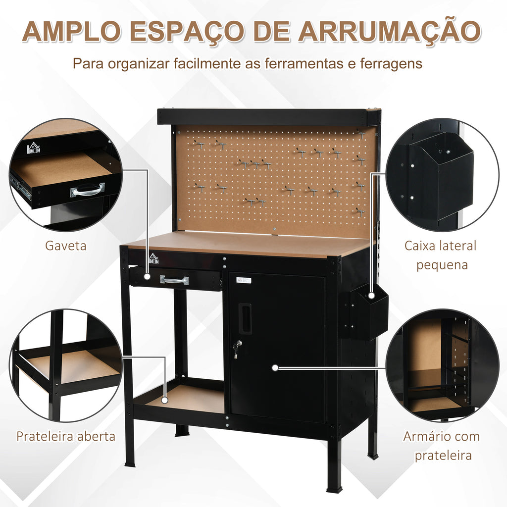 Bancada de Trabalho 98,5x48x140 cm Carga 100 kg Mesa de Trabalho com Painel Perfurado Gaveta Prateleira e Armário com Fechadura Preto — foto 5