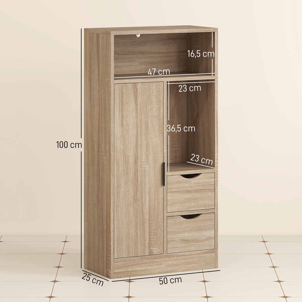 Móvel de Casa de Banho Estreito Armário de Casa de Banho com 2 Gavetas Compartimento Aberto e Prateleiras Ajustáveis para Espaço Pequeno Cozinha Sala 50x25x100 cm Madeira — foto 3