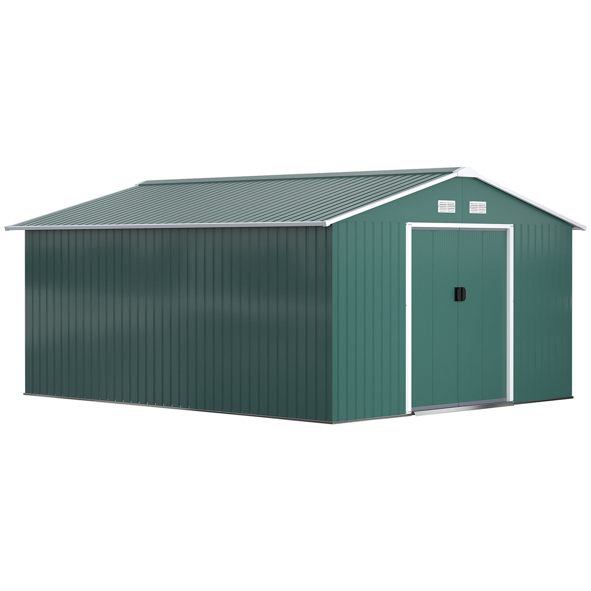 Abrigo de Jardim Metálico 340x386x200cm Abrigo de Exterior para Armazenamento de Ferramentas com Base de Reforço Incluida 4 Janelas de Ventilação e Porta Corredeira Verde — foto 1