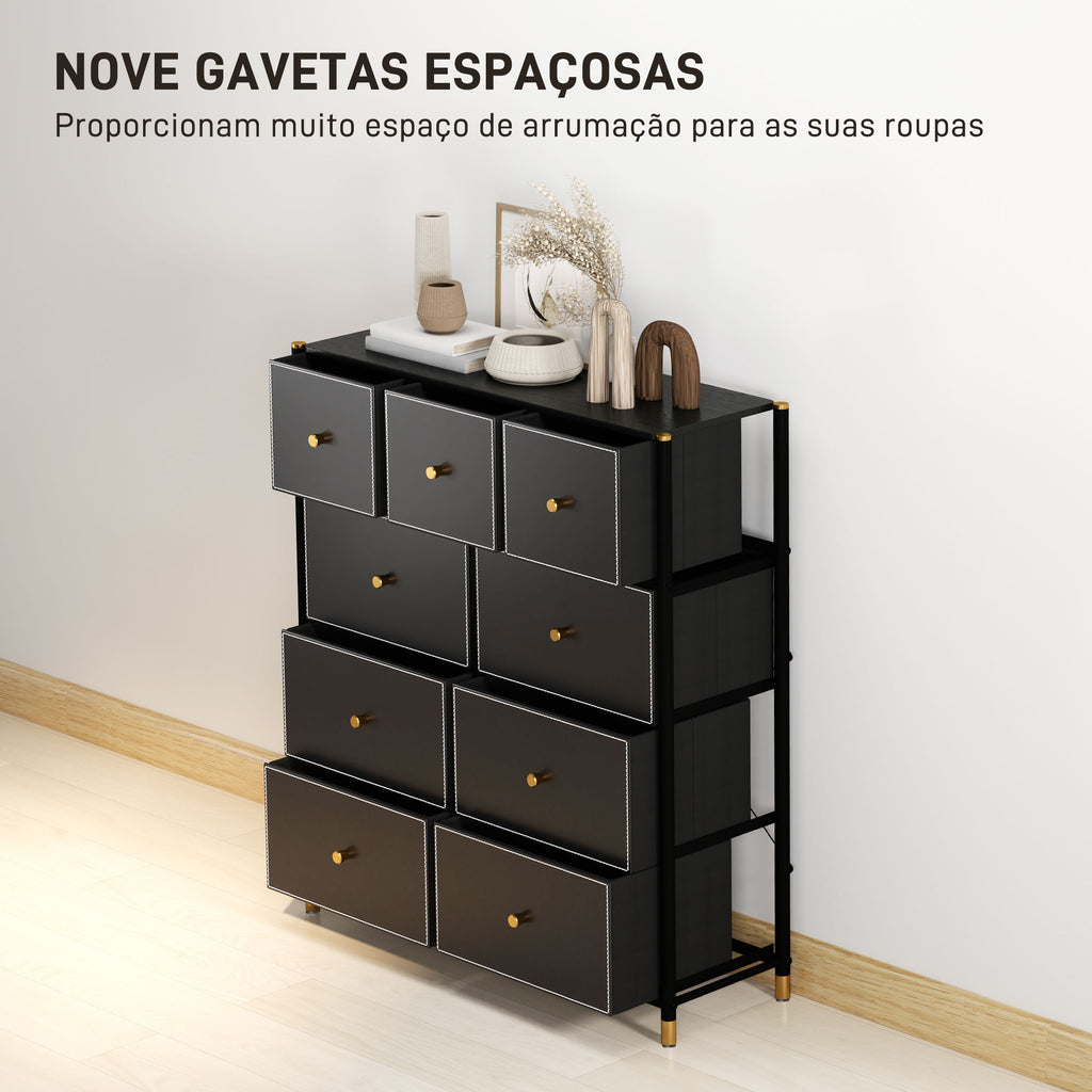 Cómoda para Dormitório Cómoda de Tecido com 9 Gavetas Dobráveis com Frentes de Couro PU e Estrutura de Aço Cómoda para Dormitório 88x30x103,5 cm Preto — foto 4