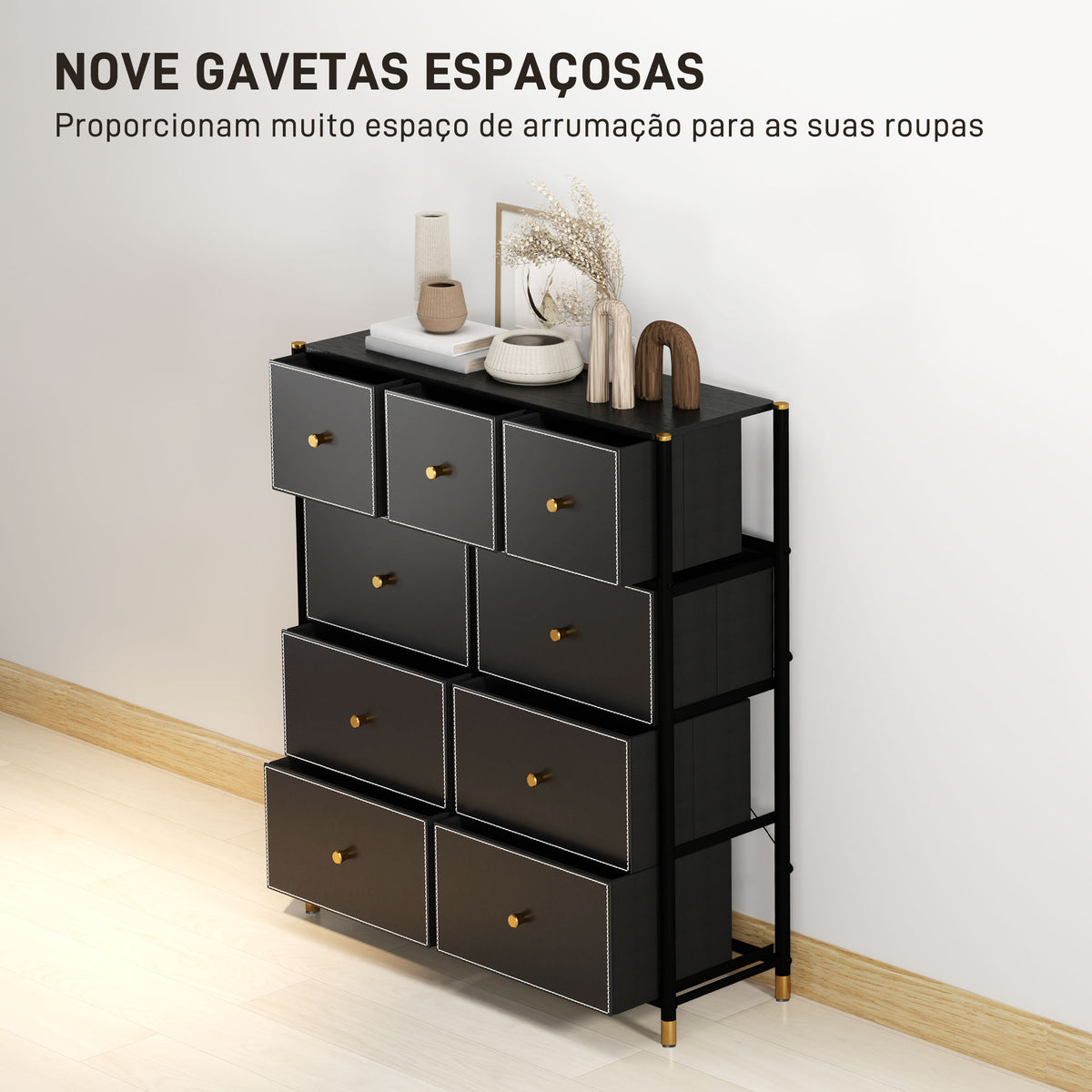 Cómoda para Dormitório Cómoda de Tecido com 9 Gavetas Dobráveis com Frentes de Couro PU e Estrutura de Aço Cómoda para Dormitório 88x30x103,5 cm Preto — foto 4