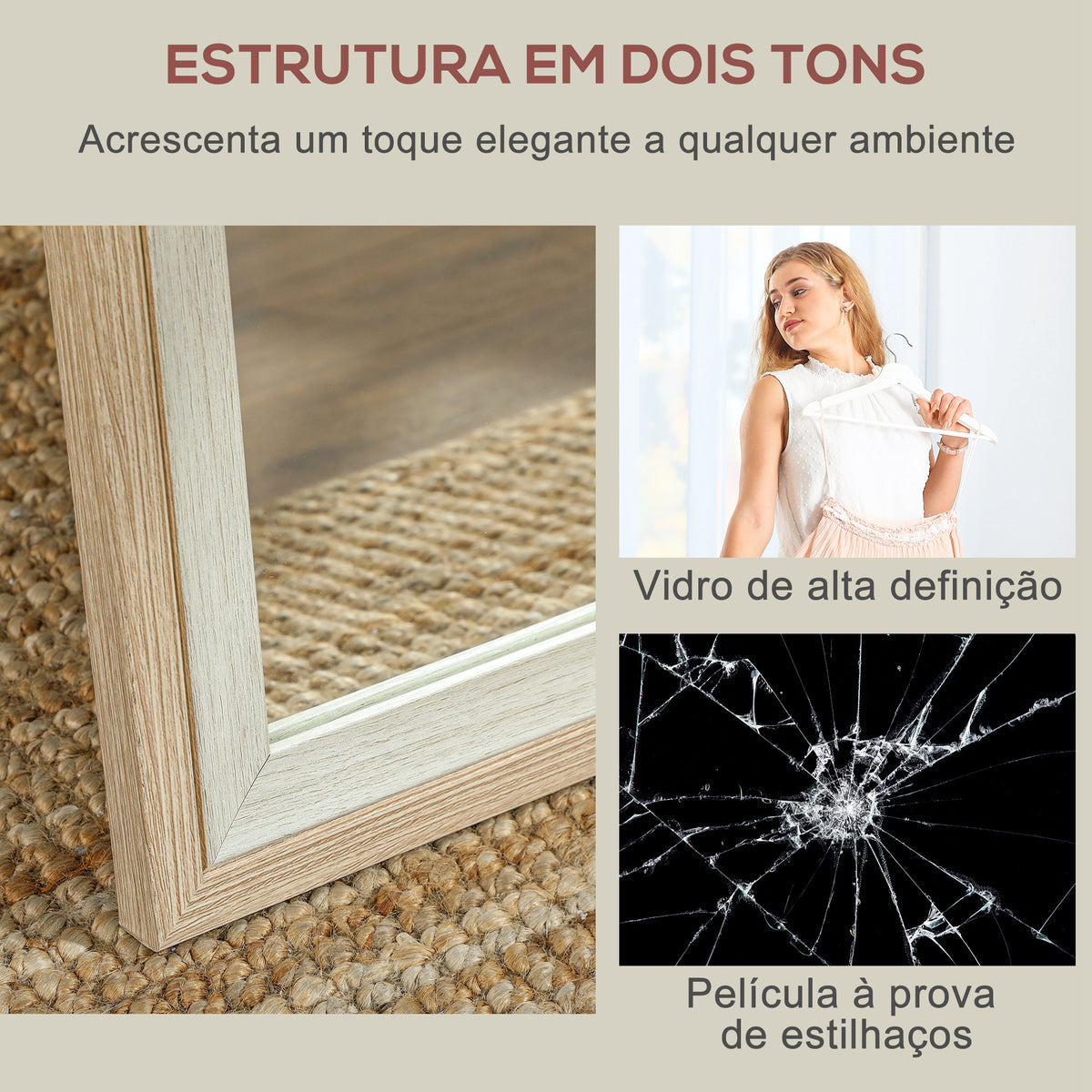 Espelho de Pé 37x157 cm Espelho de Corpo Inteiro com Estrutura de MDF e Suporte para Sala de Estar Dormitório Branco e Madeira Clara — foto 5