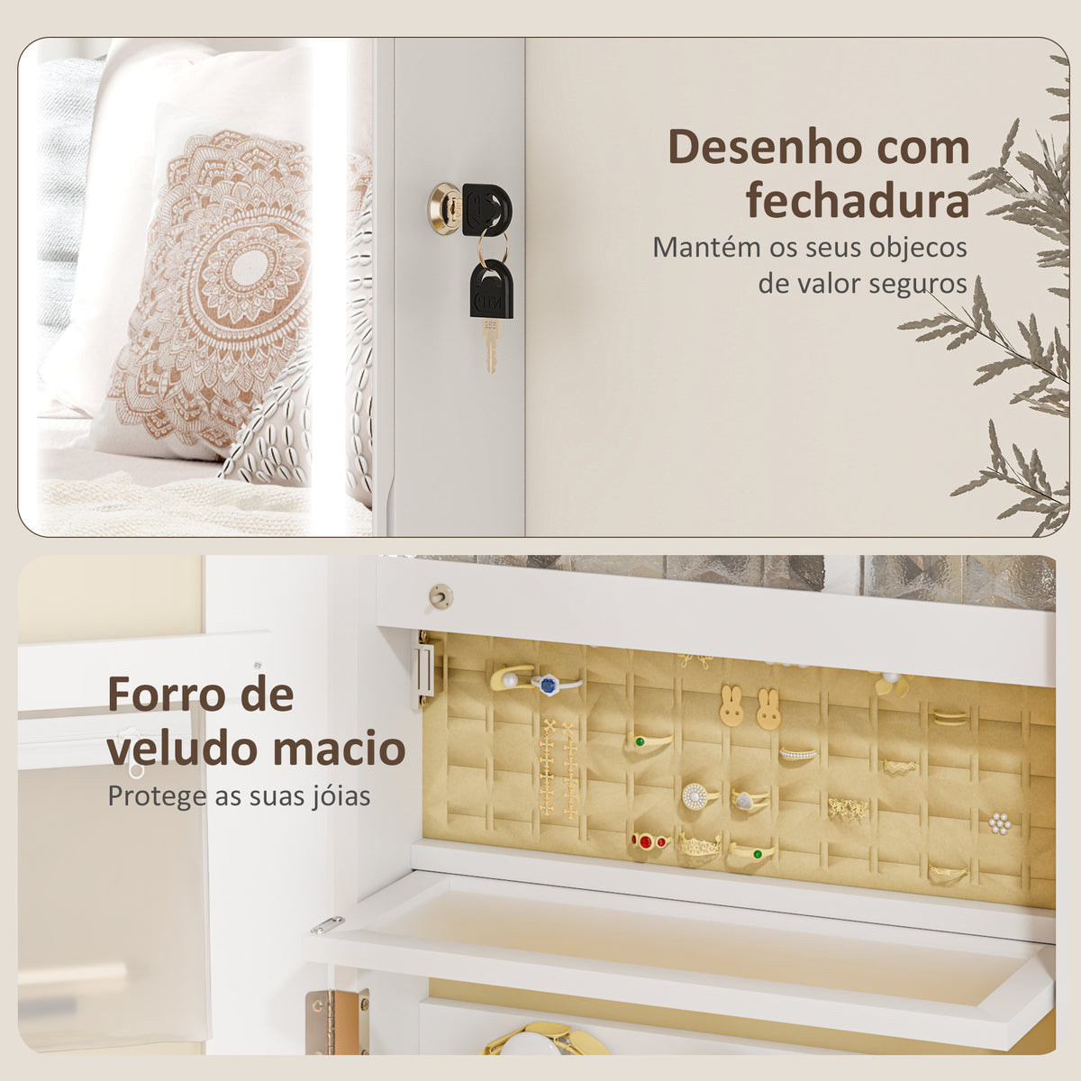 Espelho Joalheiro de Parede Espelho de Parede com Luzes LED e Fechadura Armário para Jóias para Pendurar na Parede ou na Porta 37x10,5x108 cm Branco — foto 8
