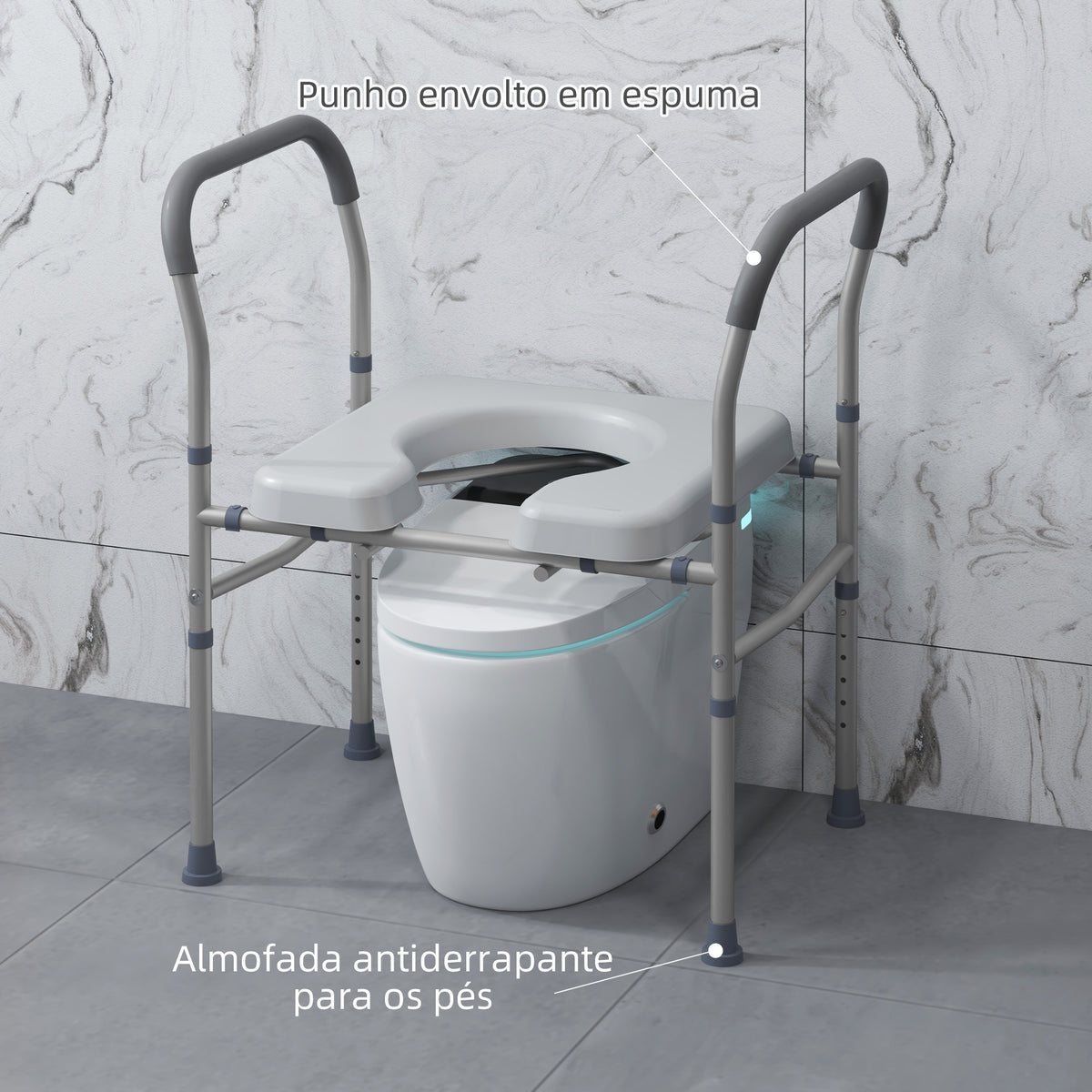 Cadeira Higiénica 4 em 1 Cadeira com Sanita de Alumínio Cadeira de Duche com Altura Ajustável e Almofadas Antiderrapantes Carga 136 kg para Pessoas com Deficiência Grávidas 64x53x70-82 cm Cinza — foto 6
