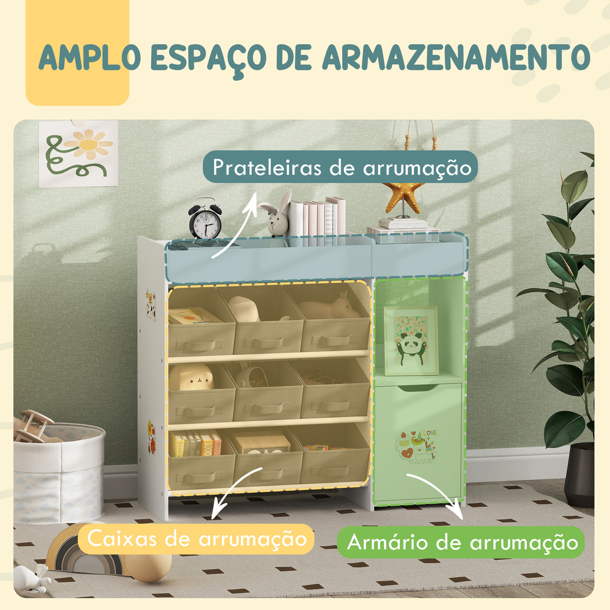 Organizador de Brinquedos para Crianças Organizador Infantil com 9 Cestos Amovíveis Compartimentos e Autocolantes para Escola Infantil Sala de Jogos 92x30x80 cm Branco e Cinza — foto 4