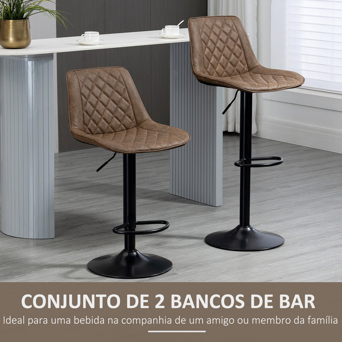 Conjunto de Bancos de Bar Estofados em PU Bancos Altos de Sala de Jantar com Altura Ajustável Assento Giratório e Apoio para os Pés Carga Máxima 120kg 46,5x51x86-106cm Marrom — foto 4