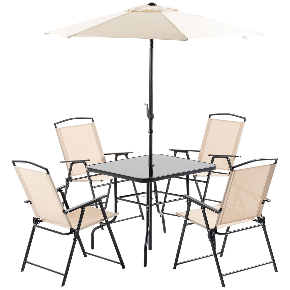 Conjunto de Móveis de Jardim com 4 Cadeiras Dobráveis Mesa de Jardim de Vidro e Chapéu de Sol Inclinável Proteção Solar para Pátio Terraço Exterior 80x80x70cm Bege — foto 1
