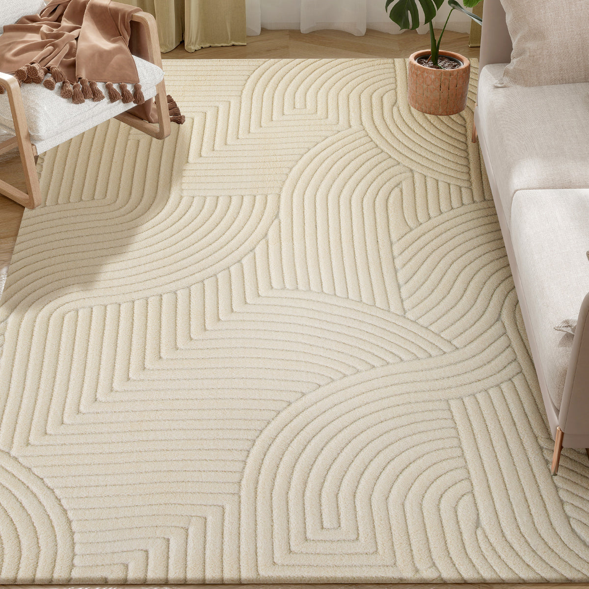 Tapete Sala de Estar 160x120 cm Tapete Pelo Curto Estilo Moderno Base Antiderrapante Tecida à Máquina Tapete para Sala de Estar Quarto Sala de Jantar Creme — foto 1