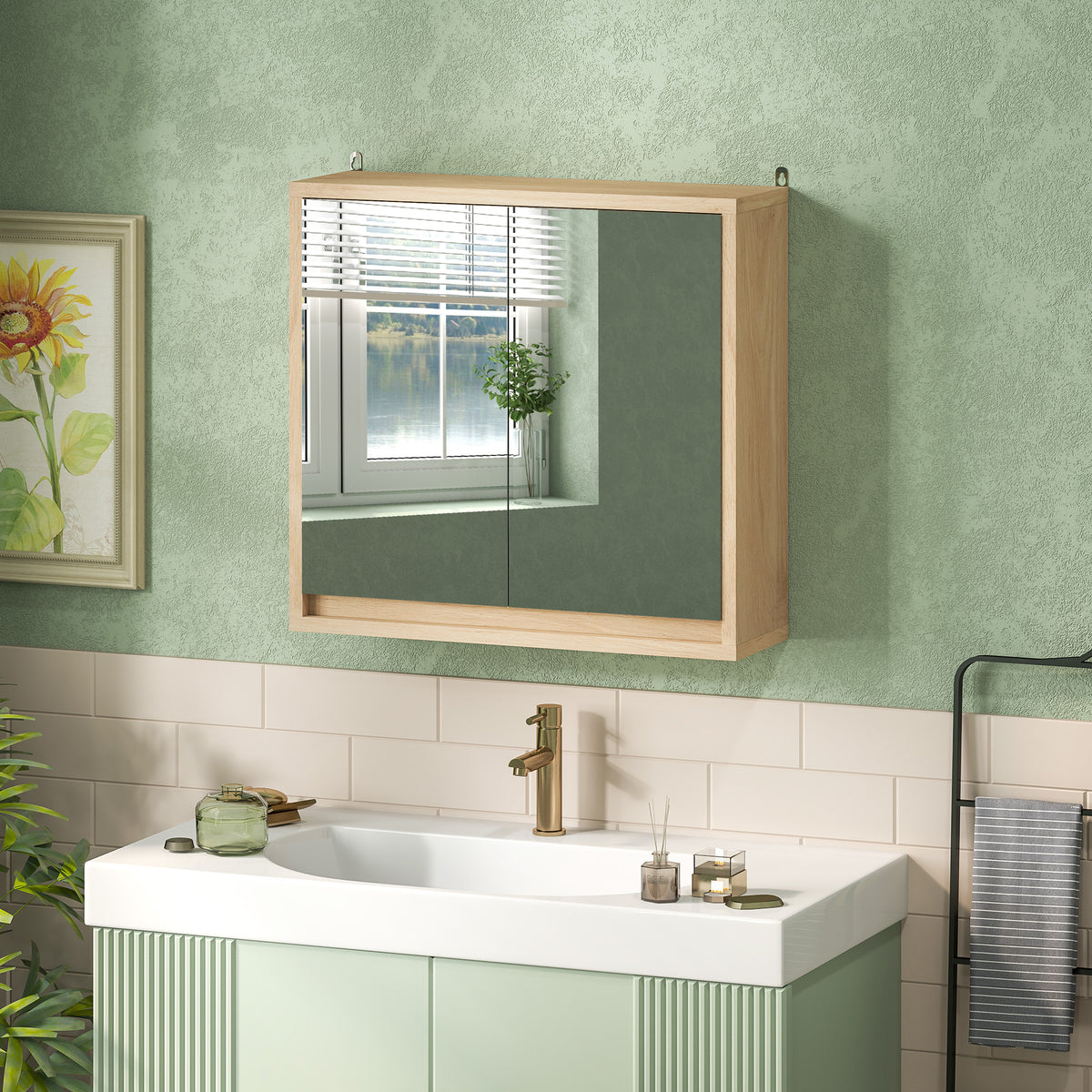 Armário de Casa de Banho com Espelho Móvel Suspenso de Casa de Banho com Prateleira Interior Ajustável em 3 Níveis e 2 Portas 48x14,5x45 cm Madeira — foto 2