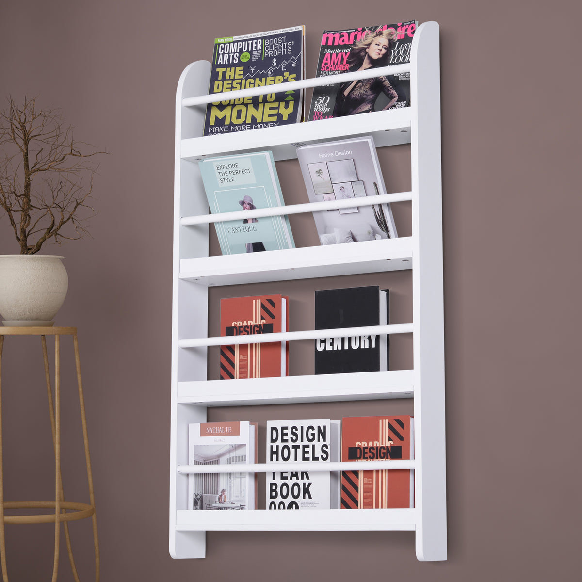Estante de Parede para Livros com 4 Prateleiras Estante de Livros para Escritório Dormitório Entrada Carga Máxima 30 kg 56x12x113 cm Branco — foto 5