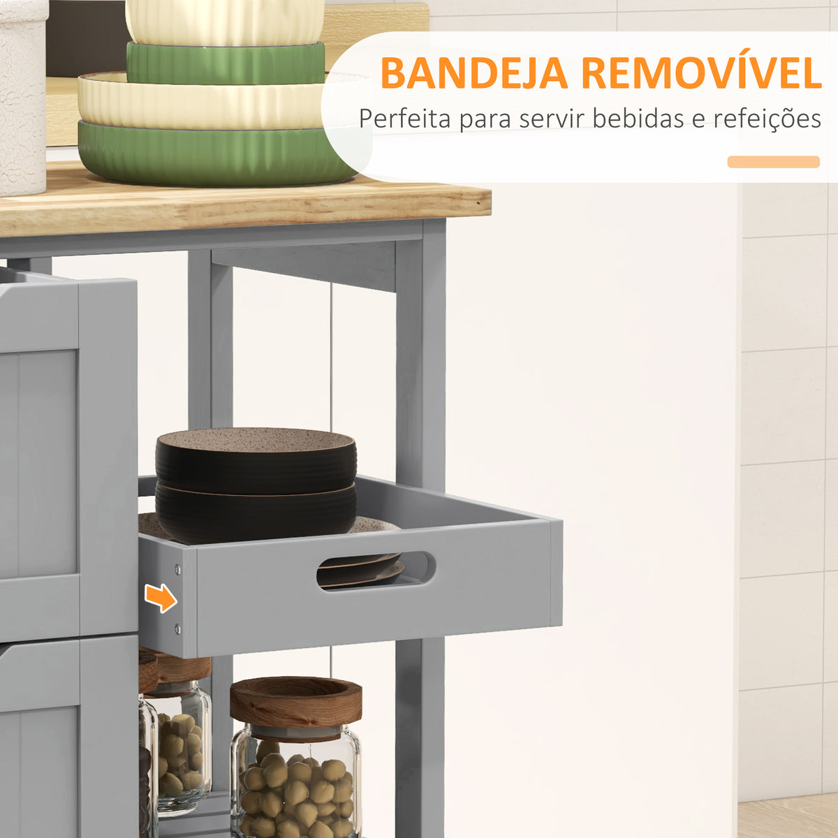 Carrinho de Cozinha com Rodas Carrinho de Serviço Multiuso com 3 Gavetas 2 Prateleiras Abertas e Bandeja para Sala de Jantar Sala de Estar 67x37x85,5 cm Cinzento — foto 5