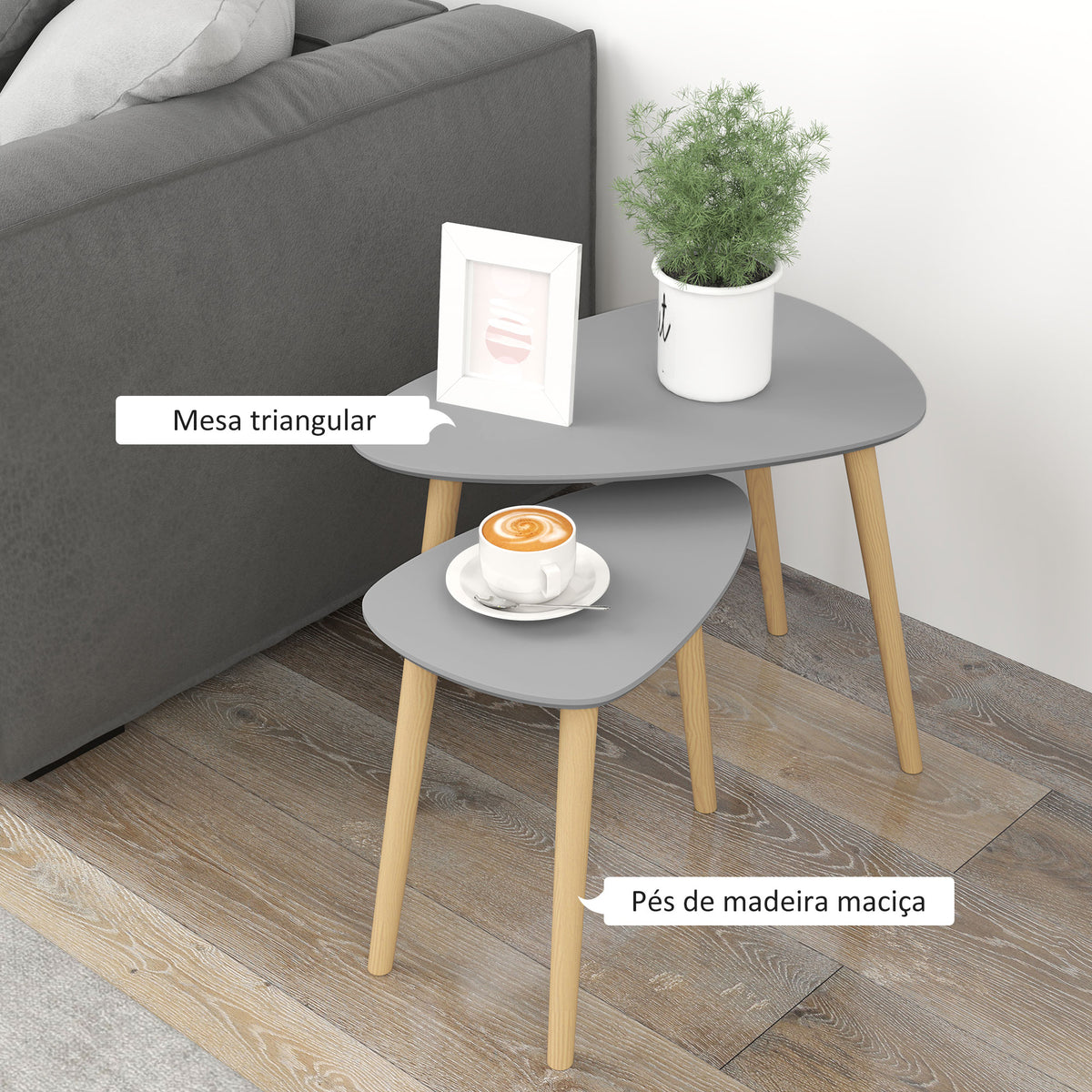 Conjunto de 2 Mesas Auxiliares com Pés de Madeira Mesas de Café para Sala de Estar Dormitório Escritório 59,5x39,5x45cm e 44,5x28,5x40 cm Cinza — foto 5