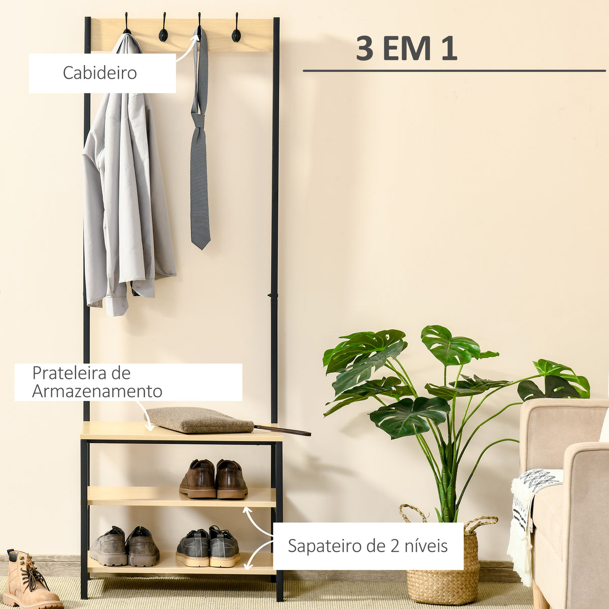 Cabide Suporte De Metal Estande 3 Prateleiras 8 Ganchos Cabide para Sapatos Roupas para Entrada do Corredor 60x40x175 cm — foto 4