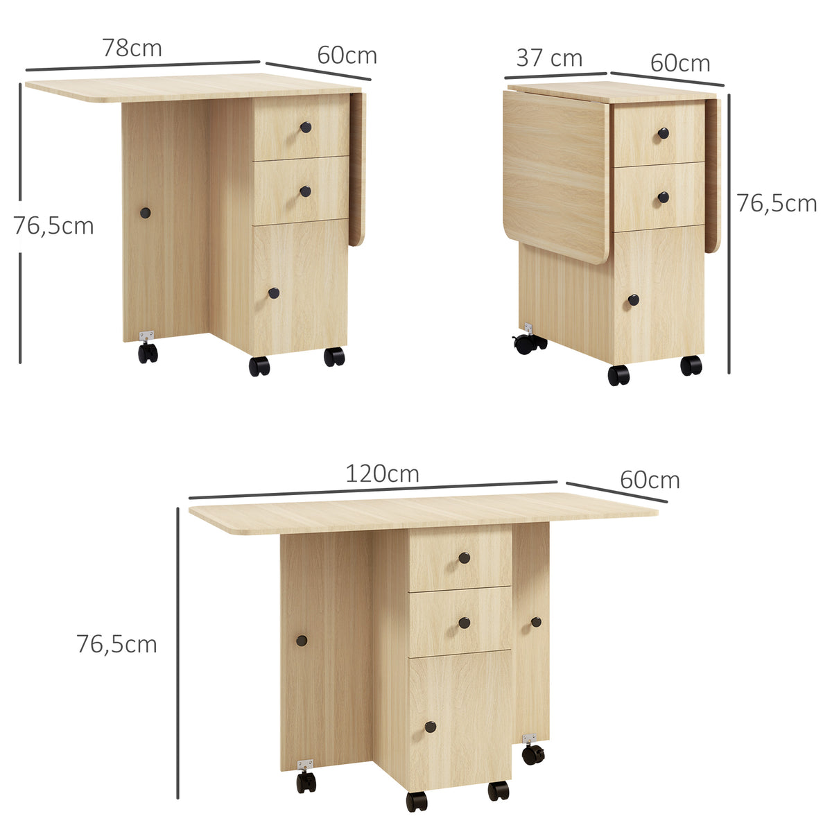 Mesa de Jantar Dobrável com Rodas Mesa Abatível com 2 Gavetas e Armário Mesa Auxiliar Multifuncional para Estúdio Cozinha 120x60x76,5 cm Madeira — foto 3
