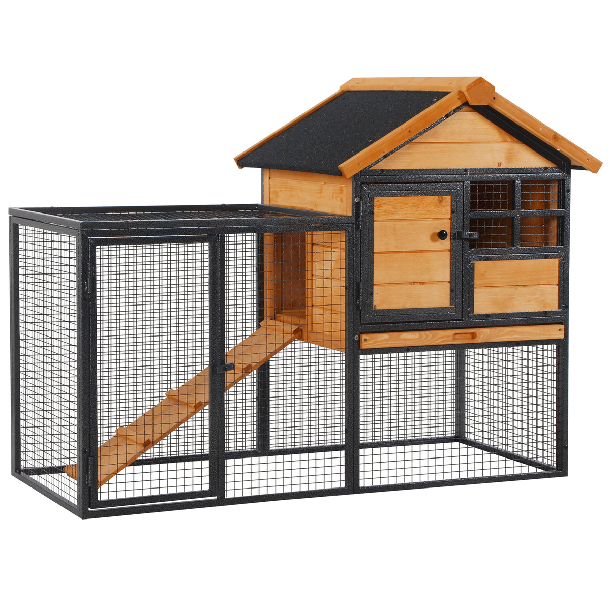 Coelheira Gaiola externa para pequenos animais de estimação 2 níveis com bandeja removível de madeira e rampa de metal 122x63x92 cm para coelhos cobaios de madeira e cinza — foto 1