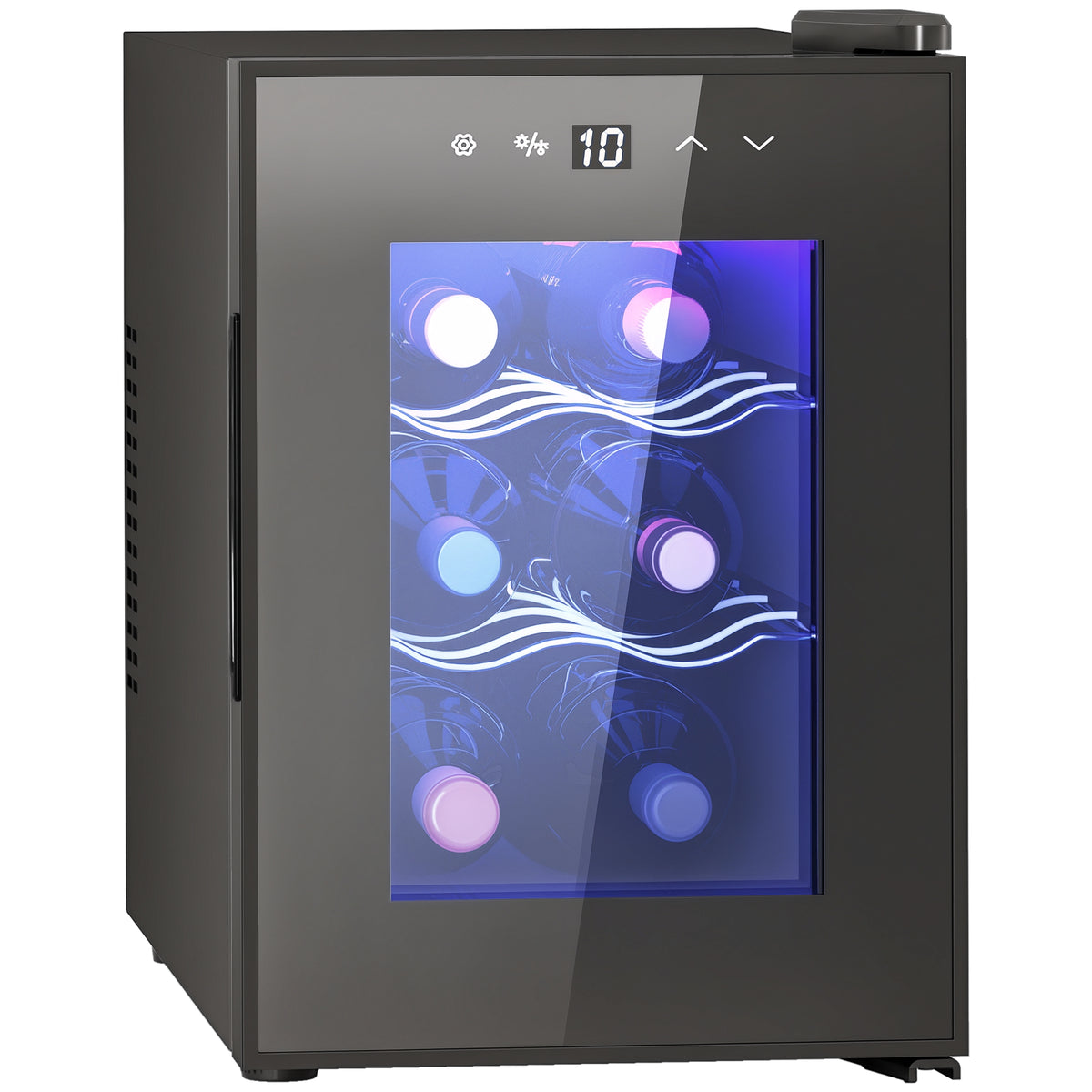 Cave de Vinho para 6 Garrafas com Luz LED Interior Ecrã Tátil Digital Controlo de Temperatura Porta de Vidro Temperado com Proteção UV e 2 Prateleiras Ajustáveis 26,5x51,5x39,3 cm Preto — foto 1