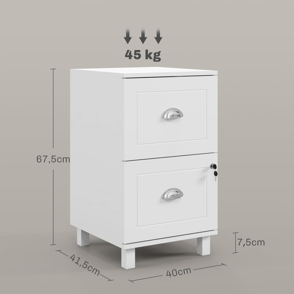 Bloco de Gavetas para Escritório Móvel Arquivador com 2 Gavetas para Escritório com Fechadura e Barras para Documentos A4 e Carta 40x41,5x67,5 cm Branco — foto 3