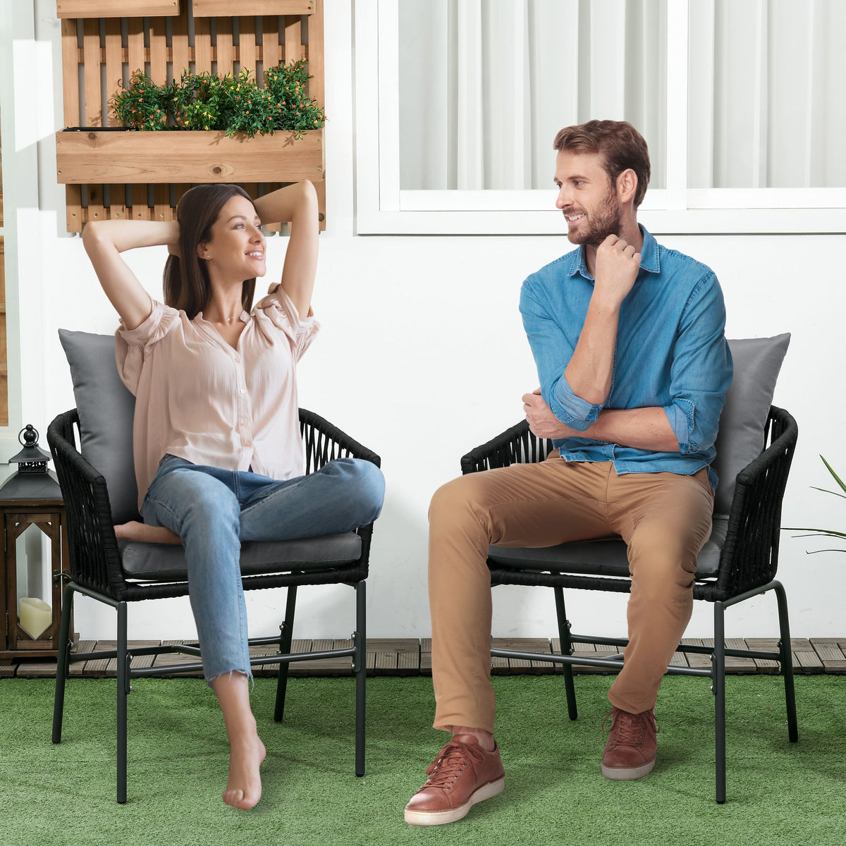 Cadeiras para exterior, conjunto de 2, design boho, almofada de assento e encosto, concha de assento confortável, estrutura metálica, Preto — imagem 6