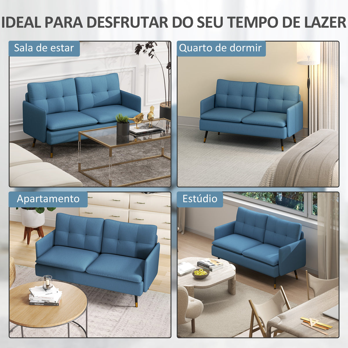 Sofá de 2 Lugares Estofado em Linho Sofá de Sala 139 cm com Almofadas Apoios de Braço e Pés de Aço para Quarto Escritório Carga 240 kg Azul — foto 7