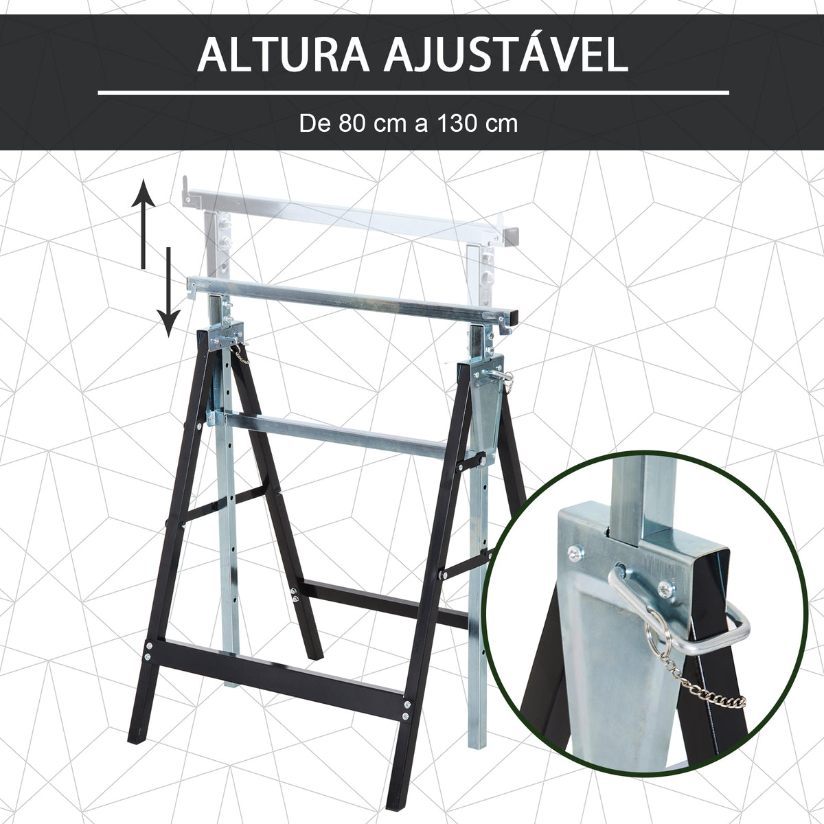 Conjunto de 2 Cavaletes Telescópicos Dobráveis com Altura Ajustável Cavaletes de Serra de Aço para Mesa de Trabalho Carga 200kg 68x58x80-130cm Preto — foto 4