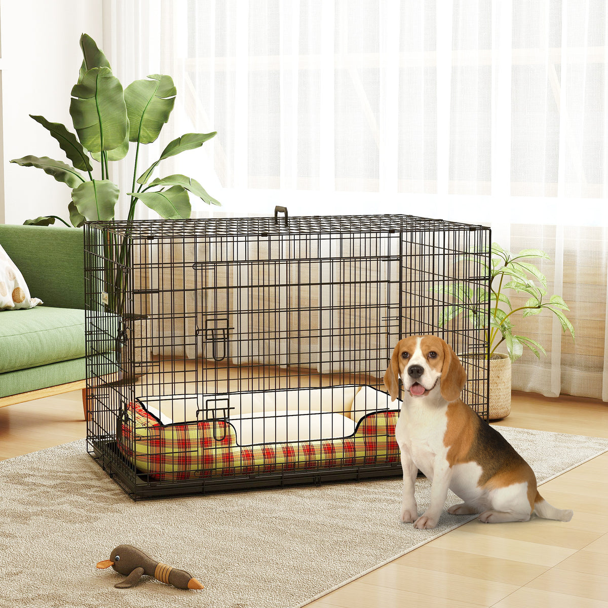 Jaula para Cães Dobrável com 2 Portas, Tabuleiro Removível, Pega e Estrutura de Aço 106x71,5x76 cm Preto — foto 2
