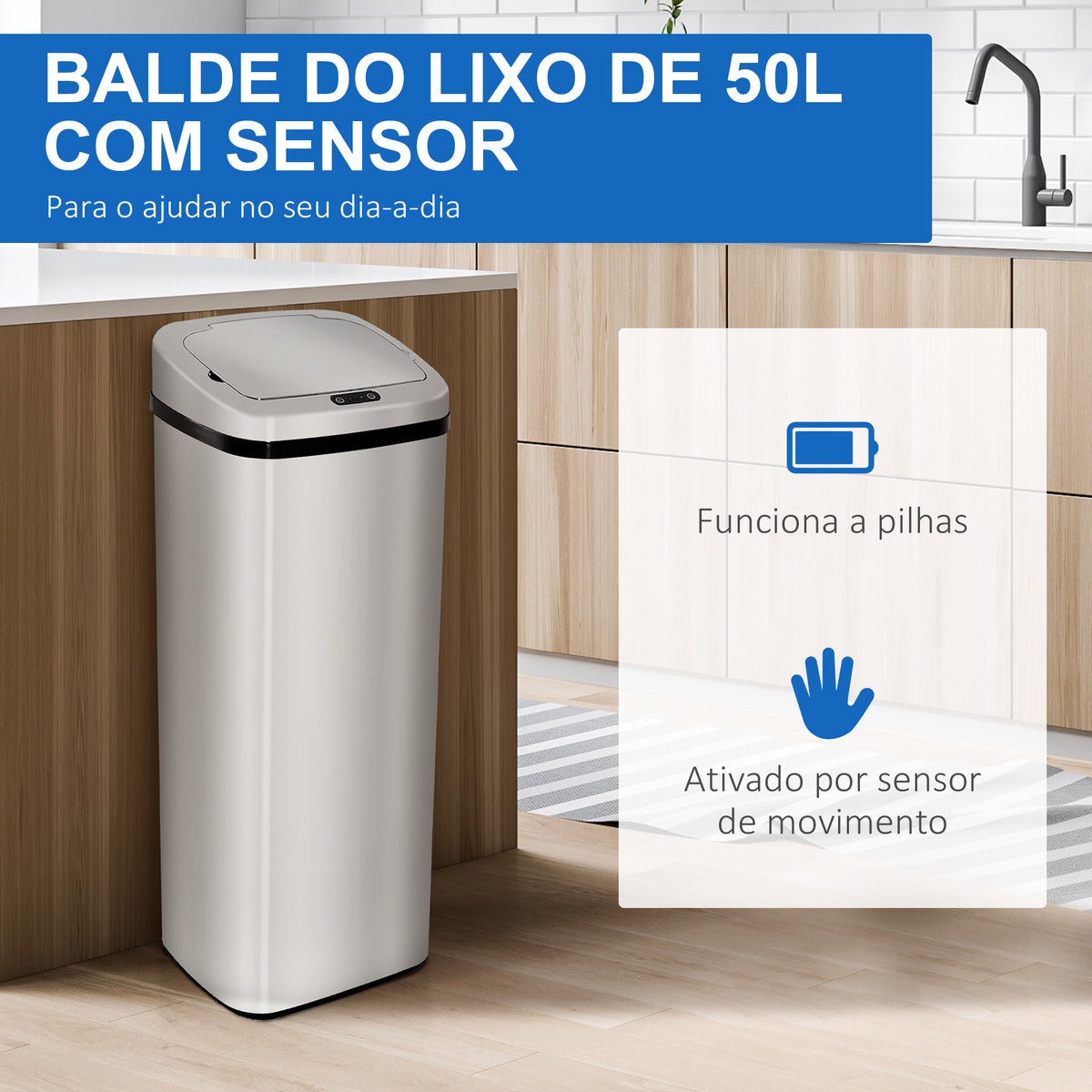 Balde de Lixo Inteligente 50L com Sensor Infravermelho Botão Tátil Balde de Lixo com Abertura Automática Quadrado 33x25x84 cm Prata — foto 4