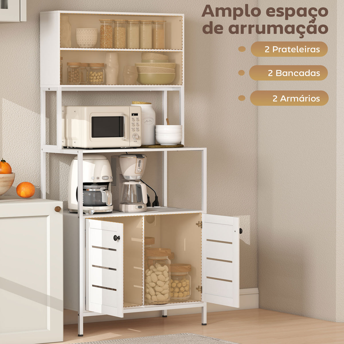 Armário de Cozinha com Tomada de Corrente Suporte para Micro-Ondas Estante de Cozinha com 2 Portas 2 Entradas USB e Compartimentos para Sala de Jantar Sala 80x42x171 cm Branco — foto 5