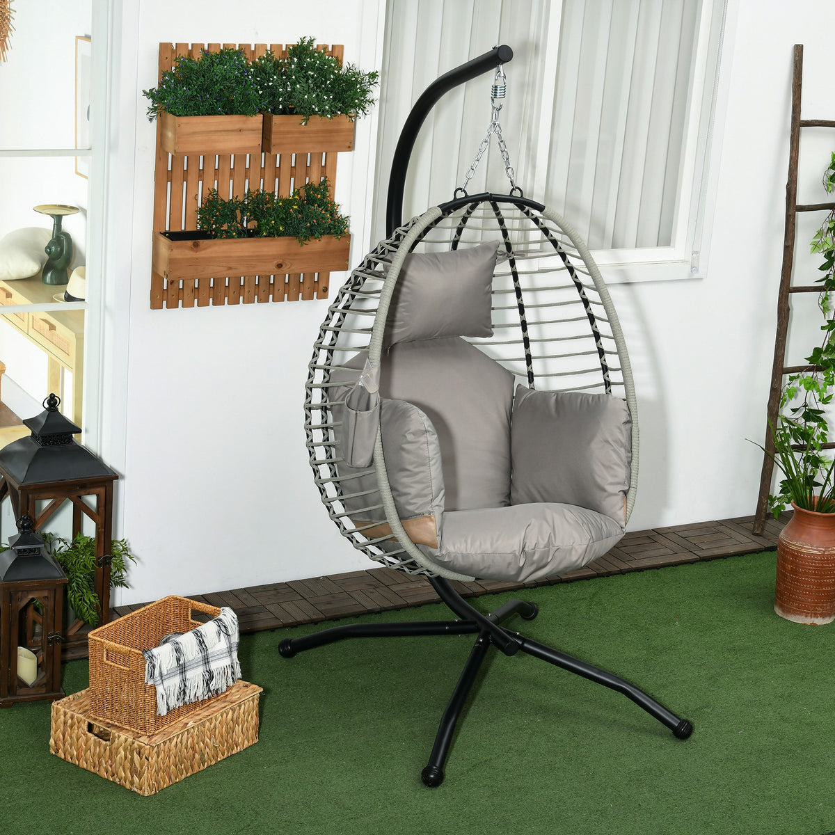 Cadeira Supensa com Suporte Cadeirão Suspenso de Jardim com Cesta Dobrável Almofada e Apoio para a Cabeça Cadeira Suspensa para Interior e Exterior Carga 120 kg 110x100x188 cm Cinza e Preto — foto 2