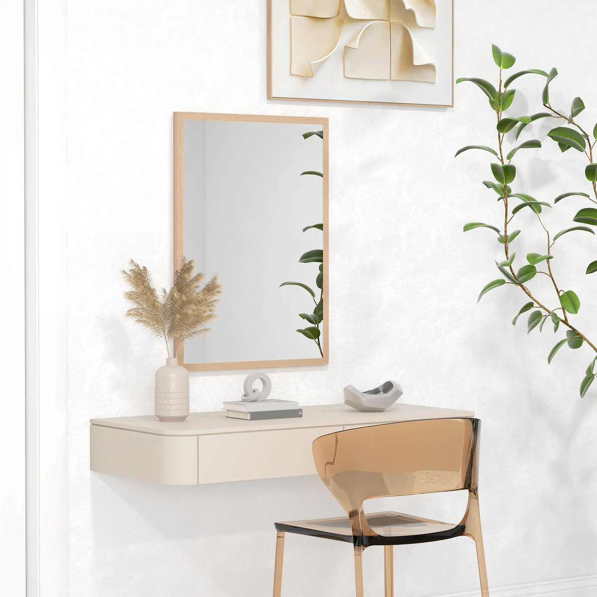 Espelho de Parede Decorativo 50x70 cm Espelho Retangular Espelho de Banheiro com 4 Ganchos Metálicos Estilo Moderno para Sala Quarto Entrada Madeira — foto 2