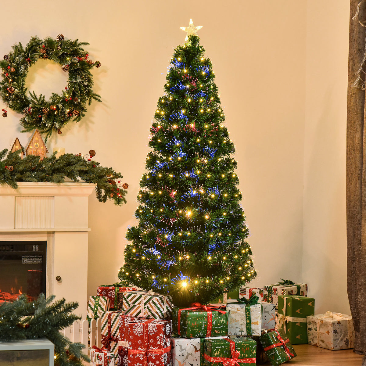 Árvore de Natal 180 cm Árvore de Natal Artificial com Luzes LED Fibra Óptica 230 Ramos de PVC e Suporte Metálico Ø82x180 cm Verde — foto 2