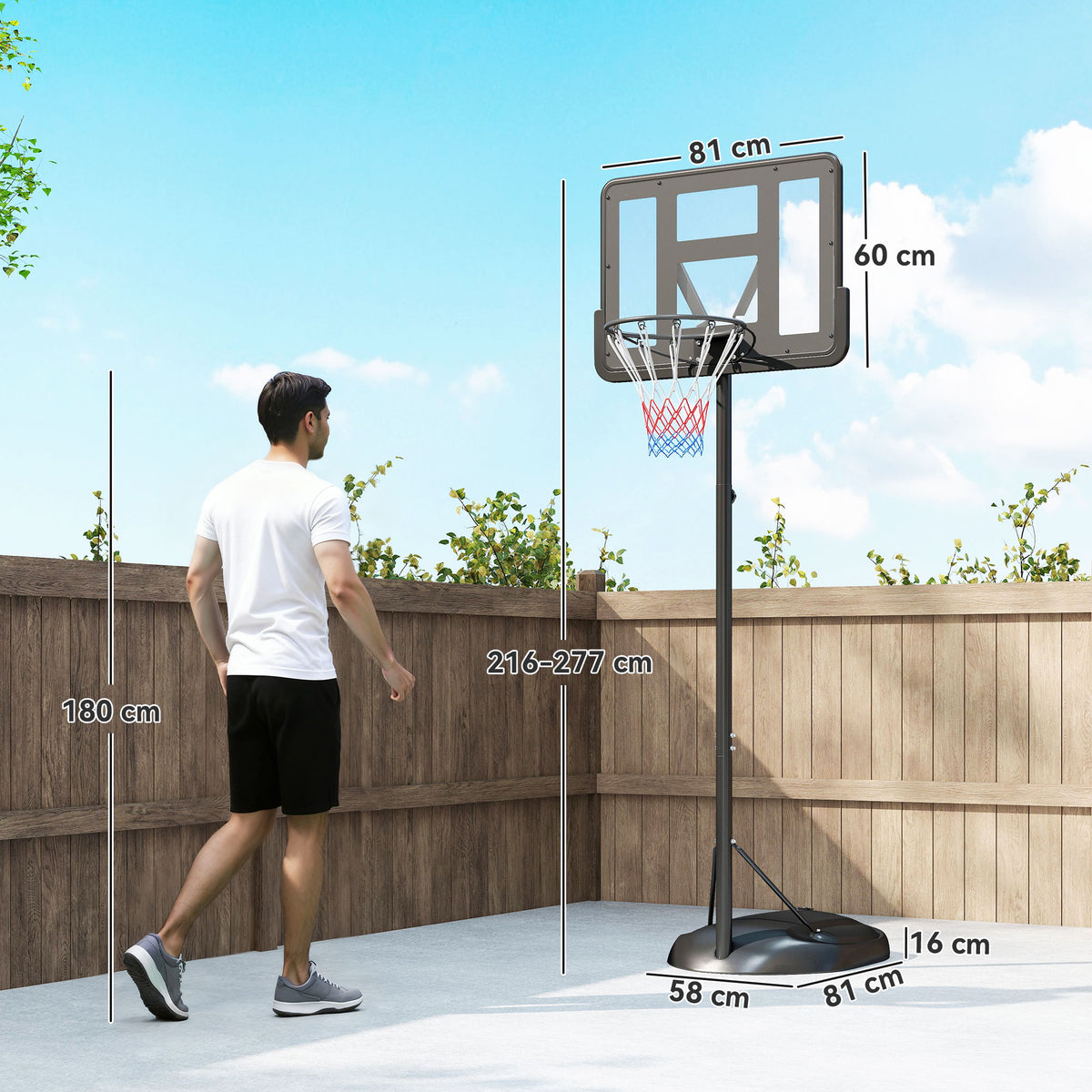 Tabela de Basquetebol com Altura Ajustável 216-277 cm Aro de Basquetebol para Exterior com Rodas e Base Recarregável para Adolescentes Preto — foto 3