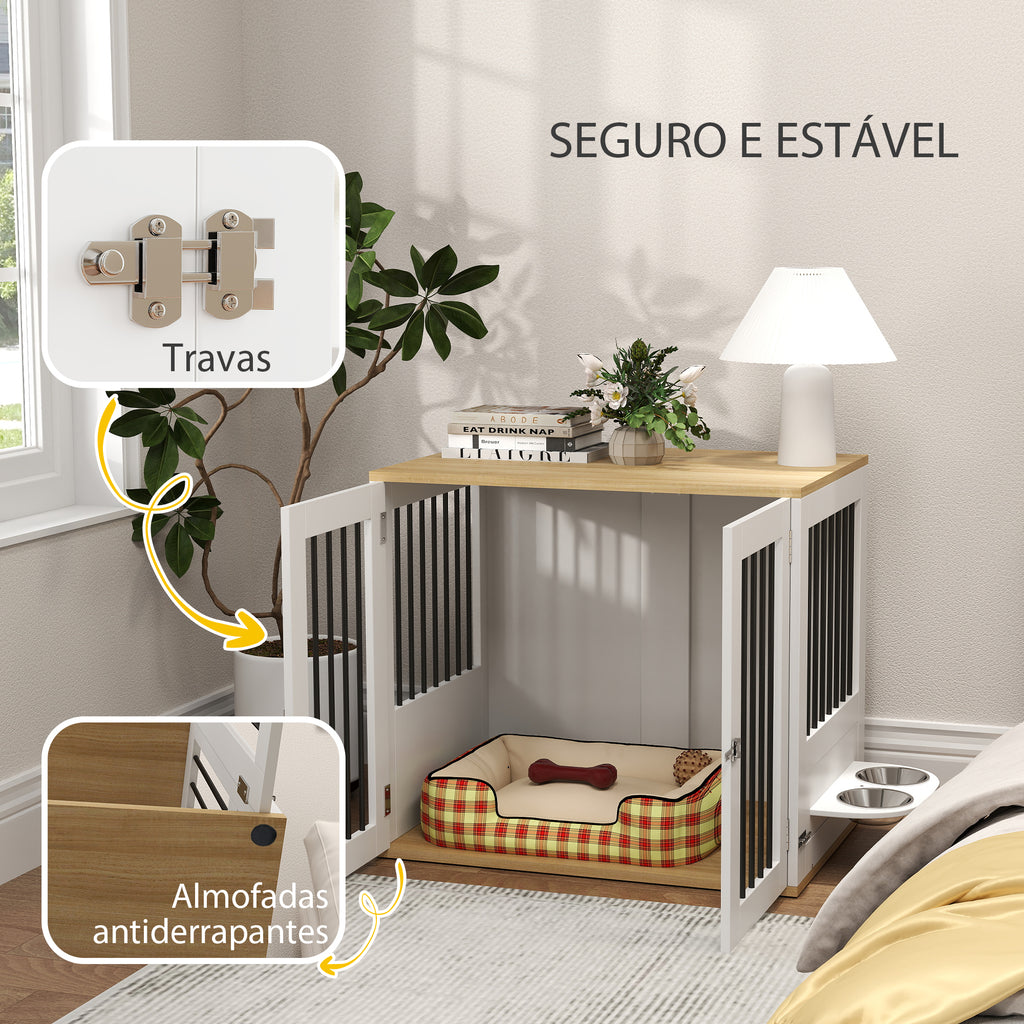 Gaiola para Cães Médios 2 em 1 Mesa Auxiliar com 2 Portas com Trava Comedouro Giratório de 360° 2 Tigelas e Almofadas Antiderrapantes 80x55x71,5 cm Branco — foto 6