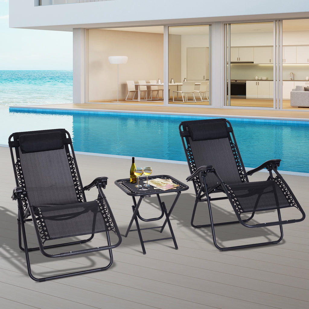 Conjunto de 1 Mesa e 2 Espreguiçadeiras Conjunto de Exterior Dobrável e Portátil para Jardim Praia Relaxante com Encosto Reclinável Textilene Aço Preto — foto 2