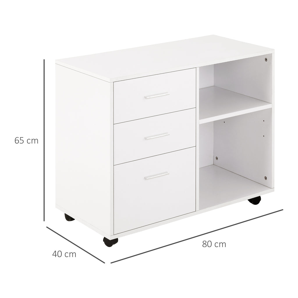 Armário de Escritório para Impressora Multifuncional com 3 Gavetas Prateleira Ajustável e Rodas 80x40x65cm Branco — foto 3