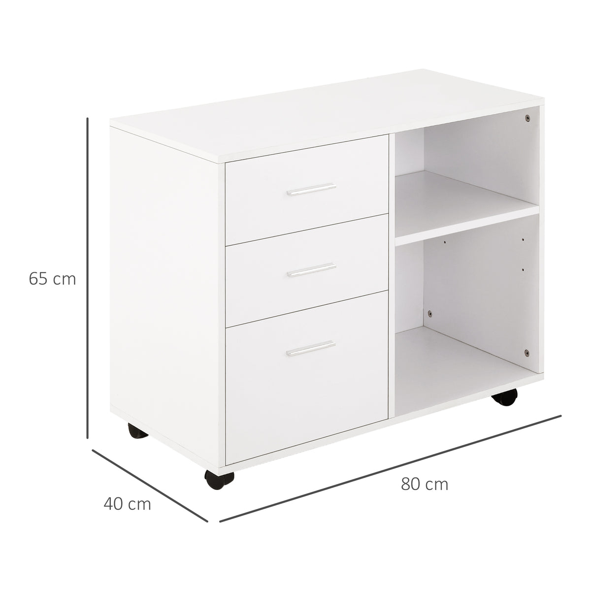 Armário de Escritório para Impressora Multifuncional com 3 Gavetas Prateleira Ajustável e Rodas 80x40x65cm Branco — foto 3