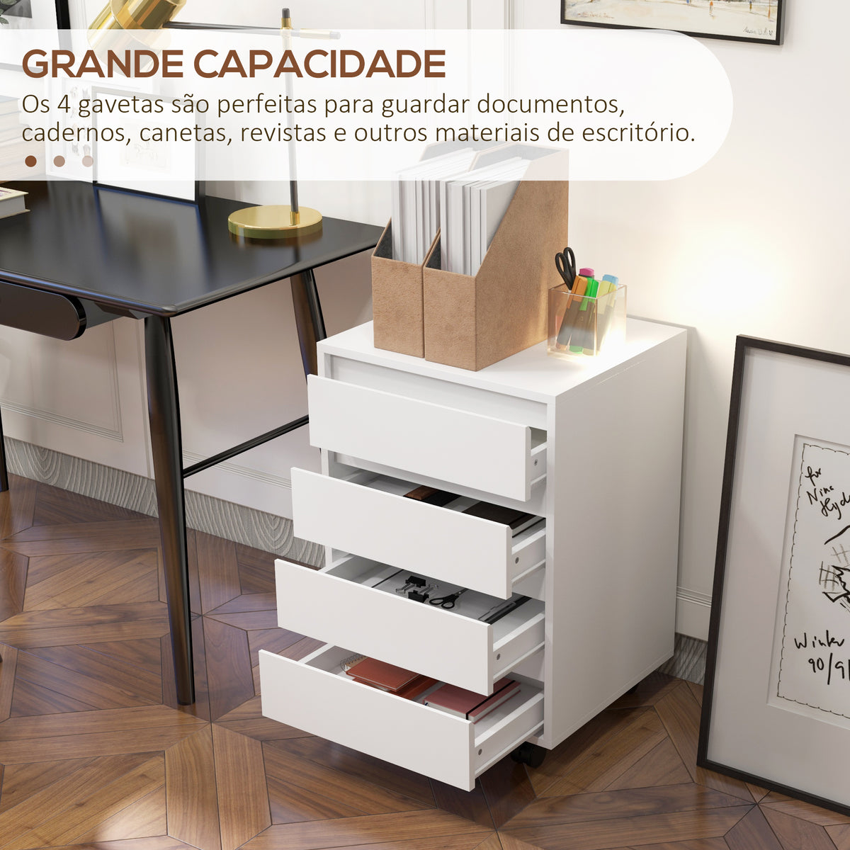 Bloco de Gavetas de Escritório com 4 Gavetas Bloco de Gavetas para Secretária com Rodas Arquivador Móvel para Estudo 46x40x65 cm Branco — foto 4