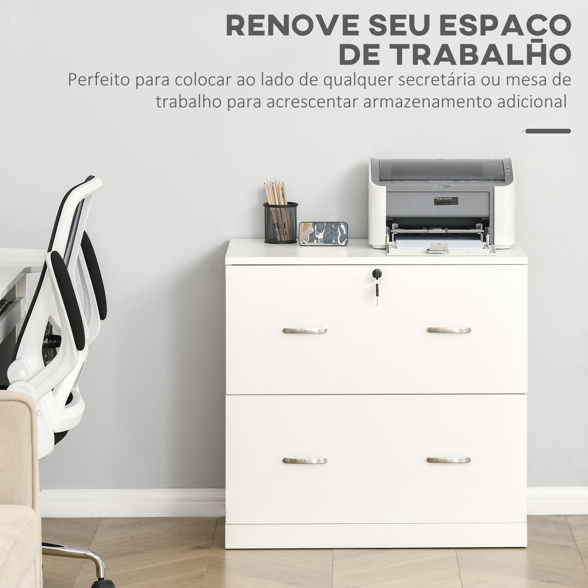 Armário para Arquivos com Gavetas para Escritório Armário de Arrumação de Escritório com Fechadura e 2 Chaves para Estúdio Dormitório 74x42x72cm Branco — foto 4